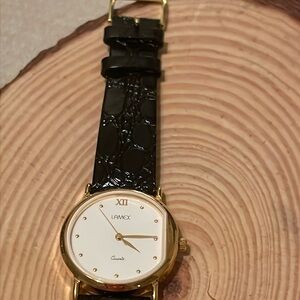 Lamex black & gold watch - leather band & new battery - NWOT